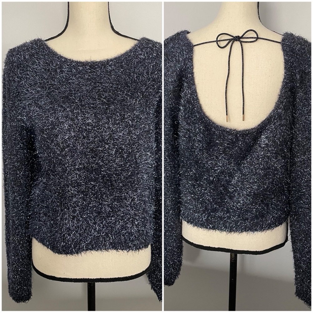 Anthropologie Fuzzy Shimmery Metallic Blue Sweater